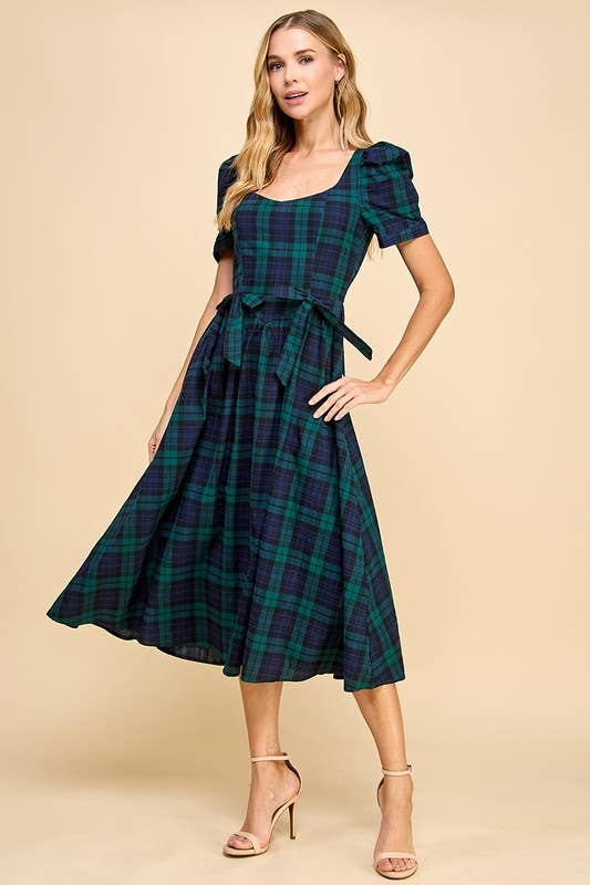 Sweet Heart Neckline Plaid Midi Dress