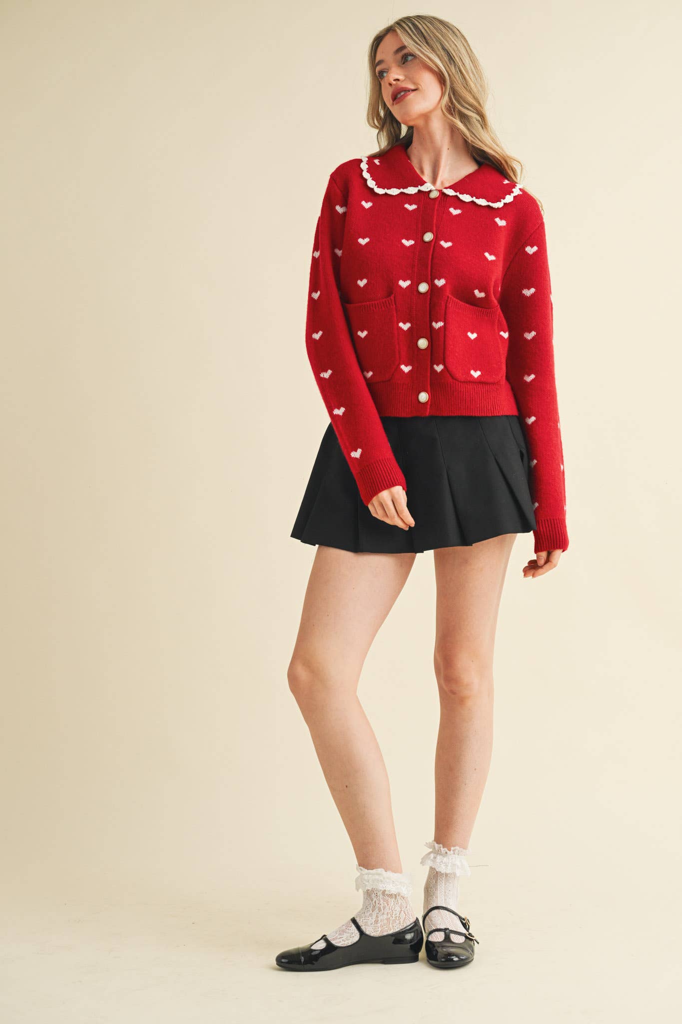 Doll Collar Heart Cardigan - alternate product view at Vogue Villa