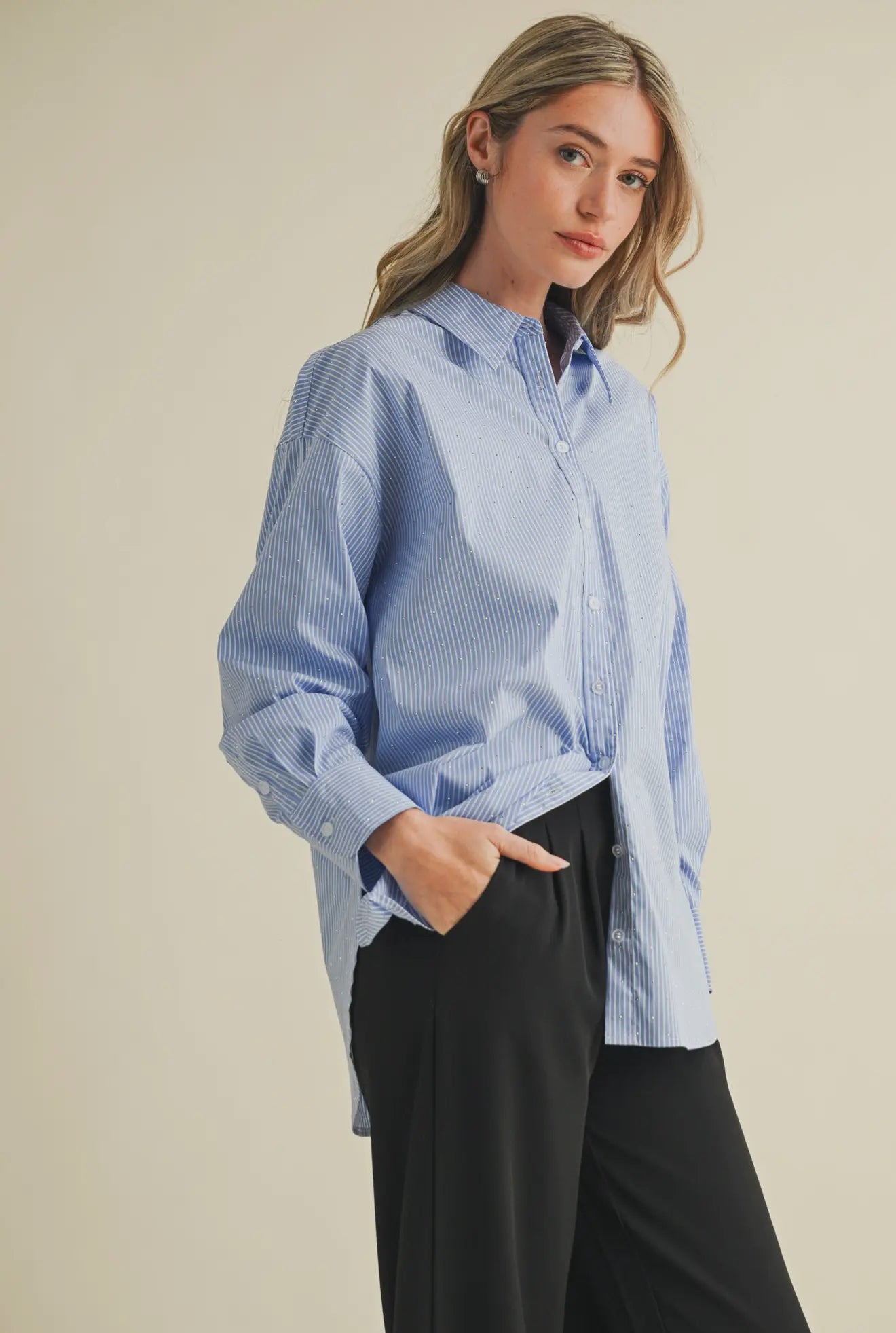 Harper Striped Crystal Button-Up