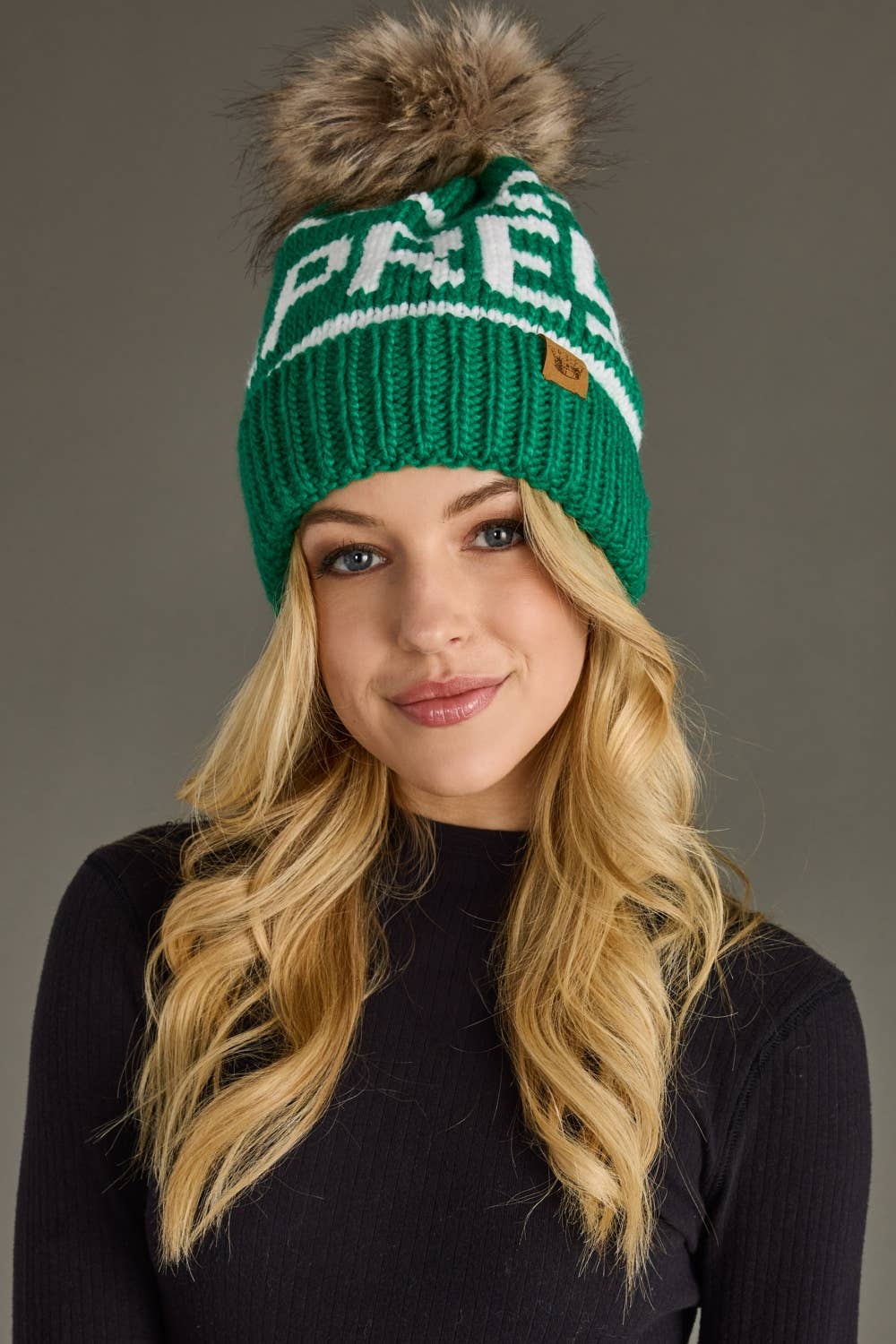 Green & White Apres Pom Hat