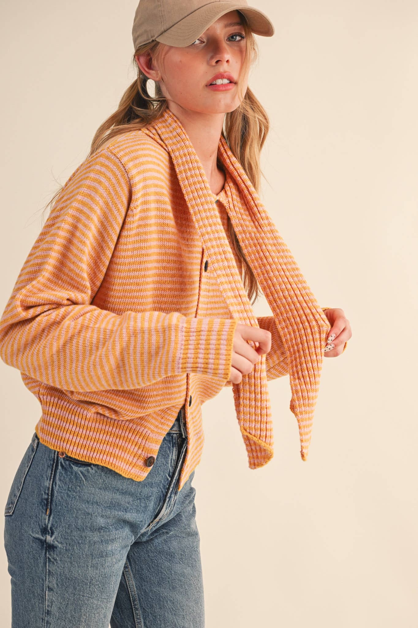 Striped Tie Neck Cardigan