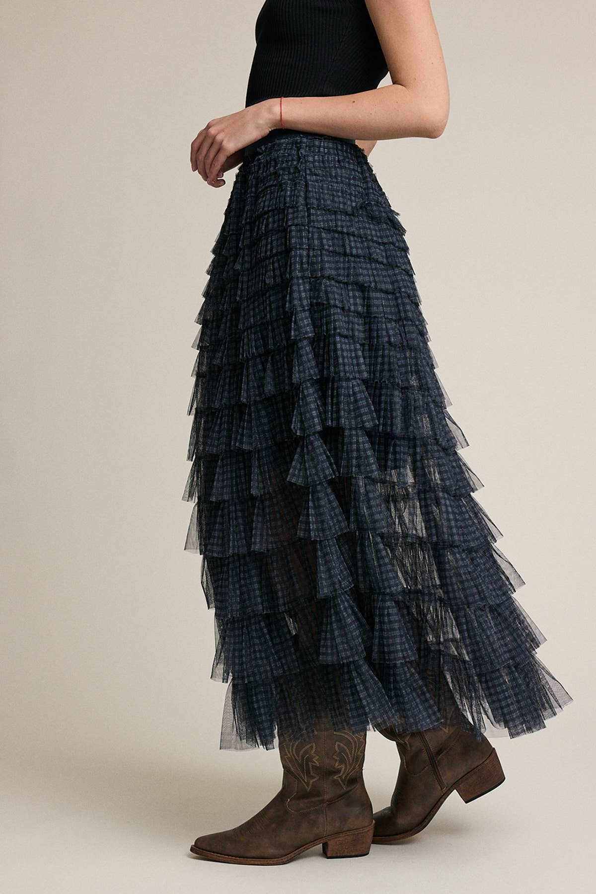 Plaid Mesh Ruffle Maxi Skirt