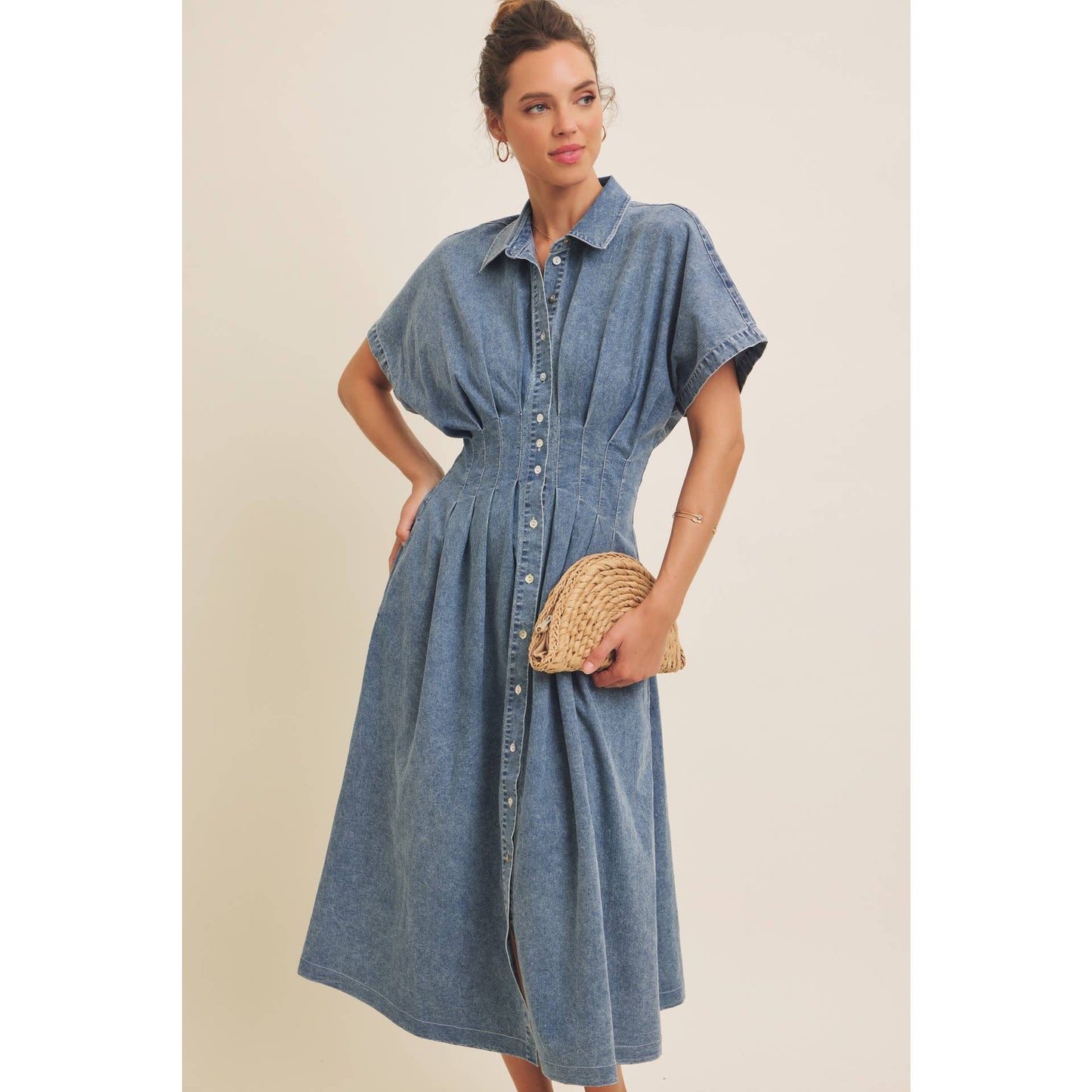 Denim Pleated Midi Dress