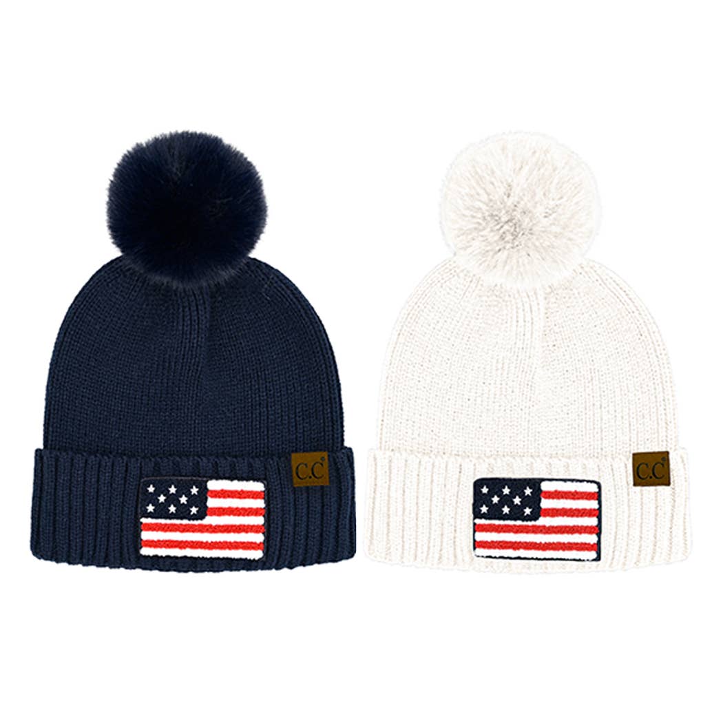 USA Flag Chenille Patched Beanie with Pom Pom