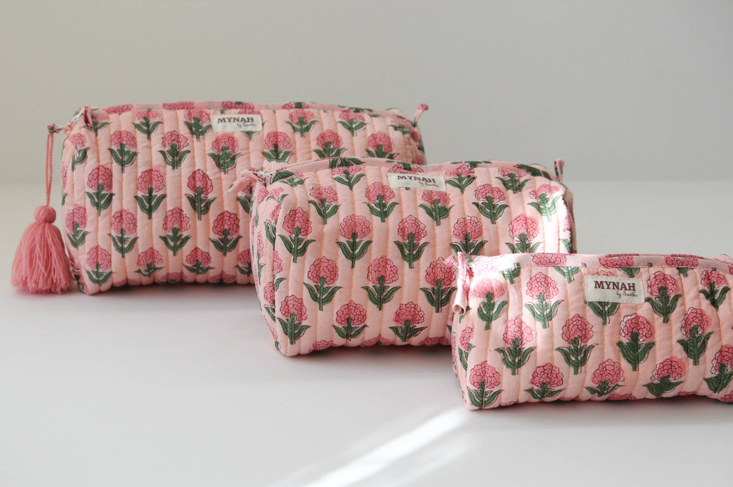 Blush Marigold hand print travel/makeup/organizer/quilted/bag-3 set