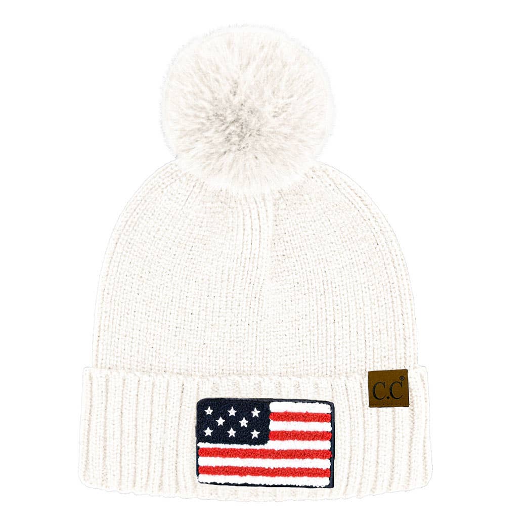 USA Flag Chenille Patched Beanie with Pom Pom