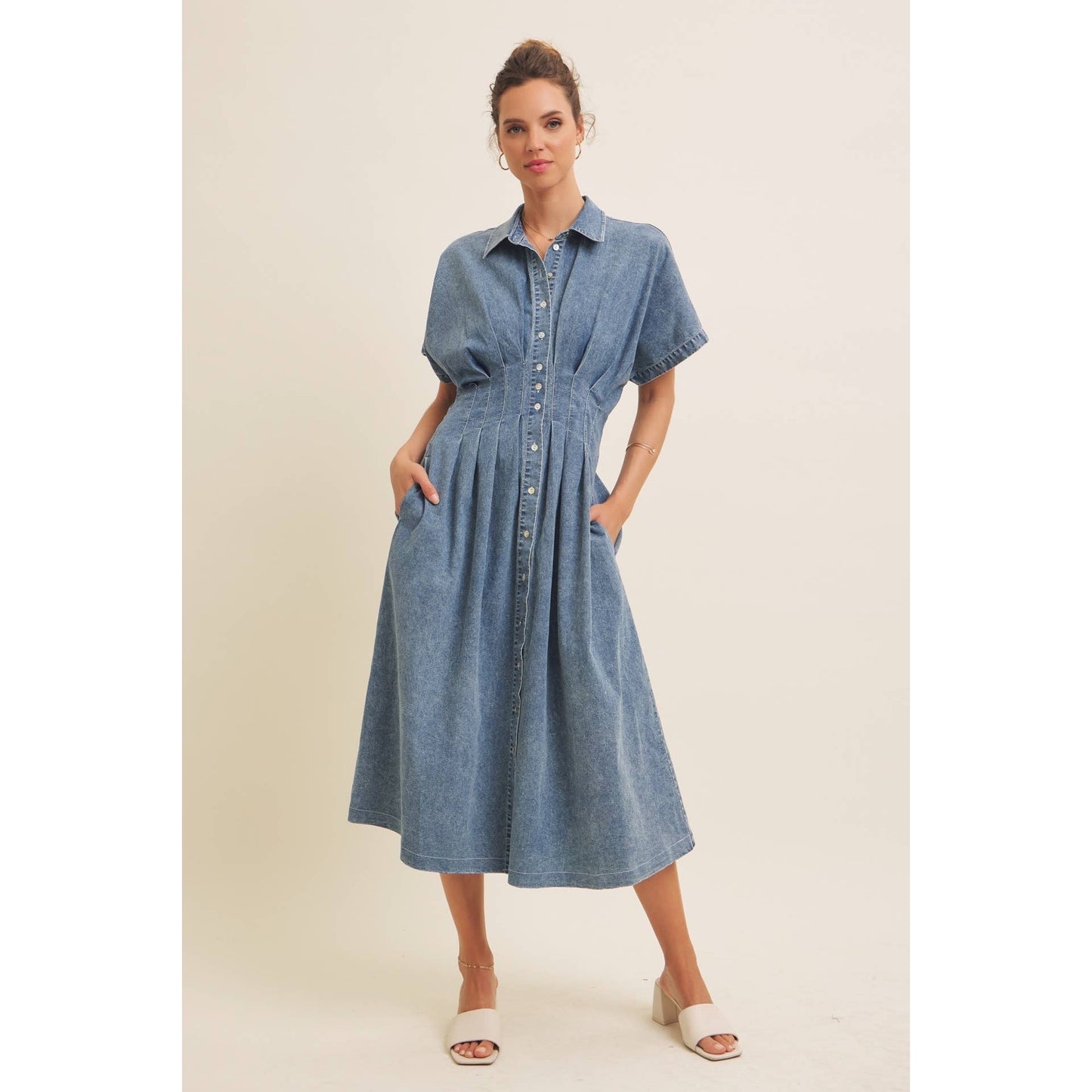 Denim Pleated Midi Dress