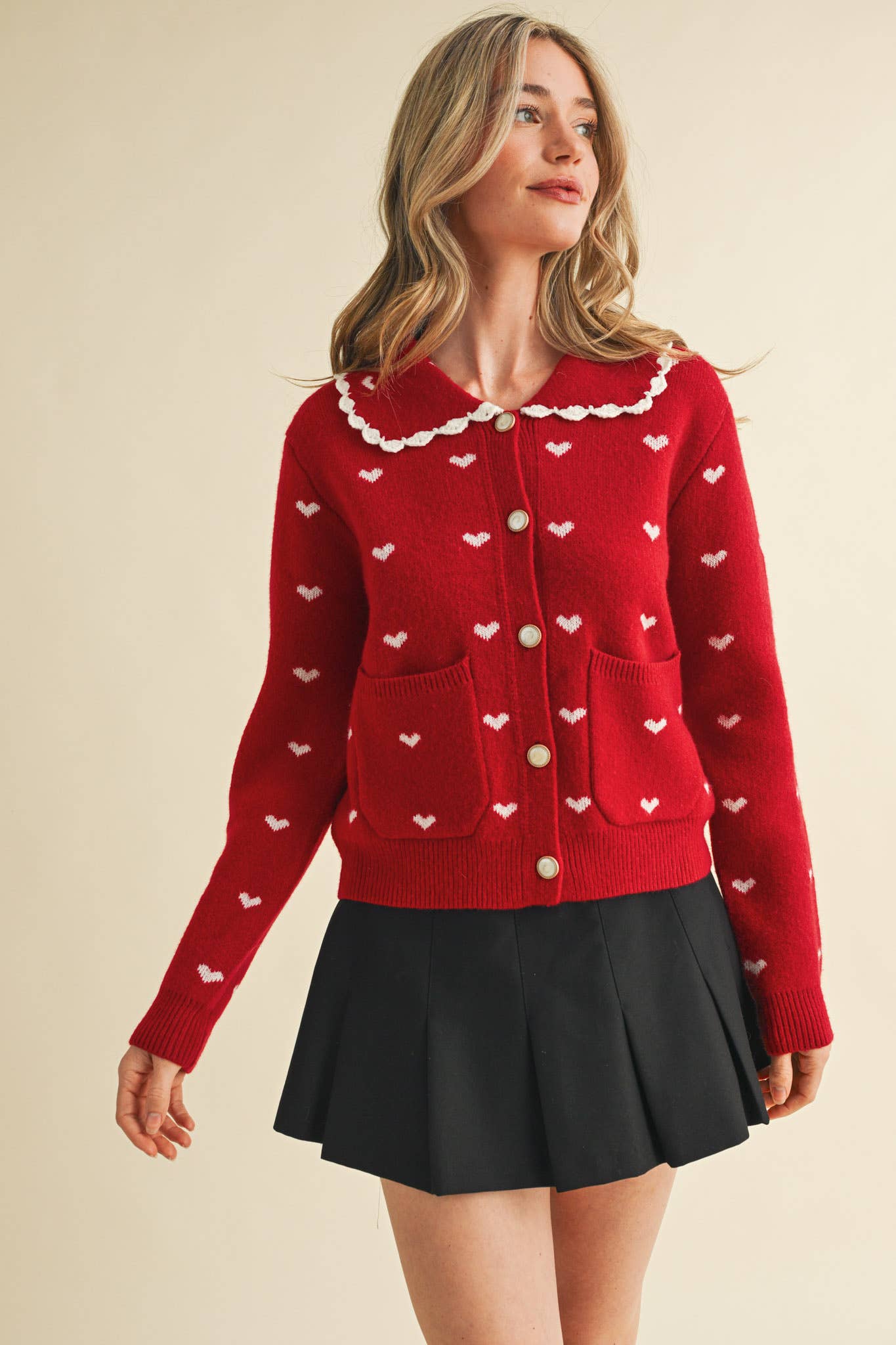Doll Collar Heart Cardigan - alternate product view at Vogue Villa