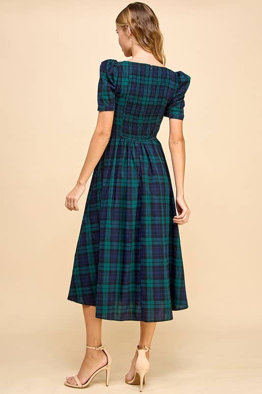 Sweet Heart Neckline Plaid Midi Dress