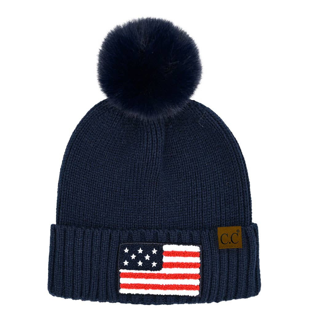 USA Flag Chenille Patched Beanie with Pom Pom
