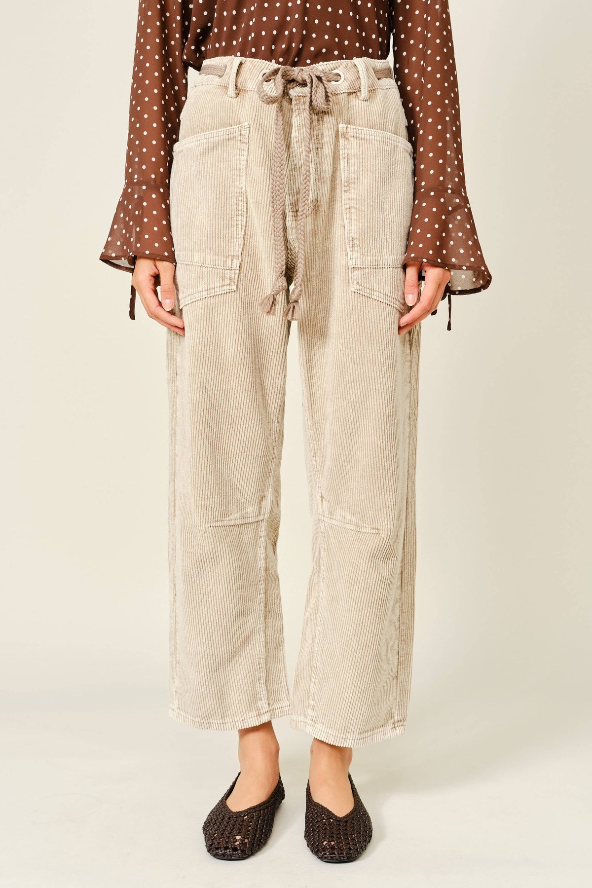 Barrel Corduroy Pants with Tie-Waist
