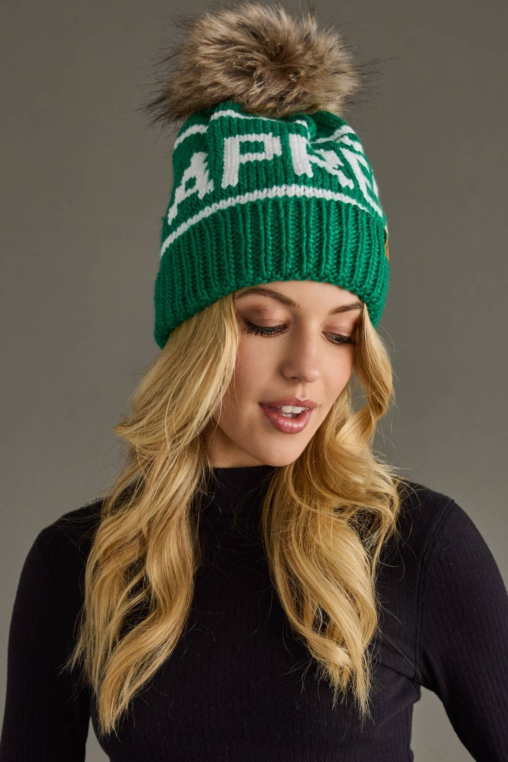 Green & White Apres Pom Hat