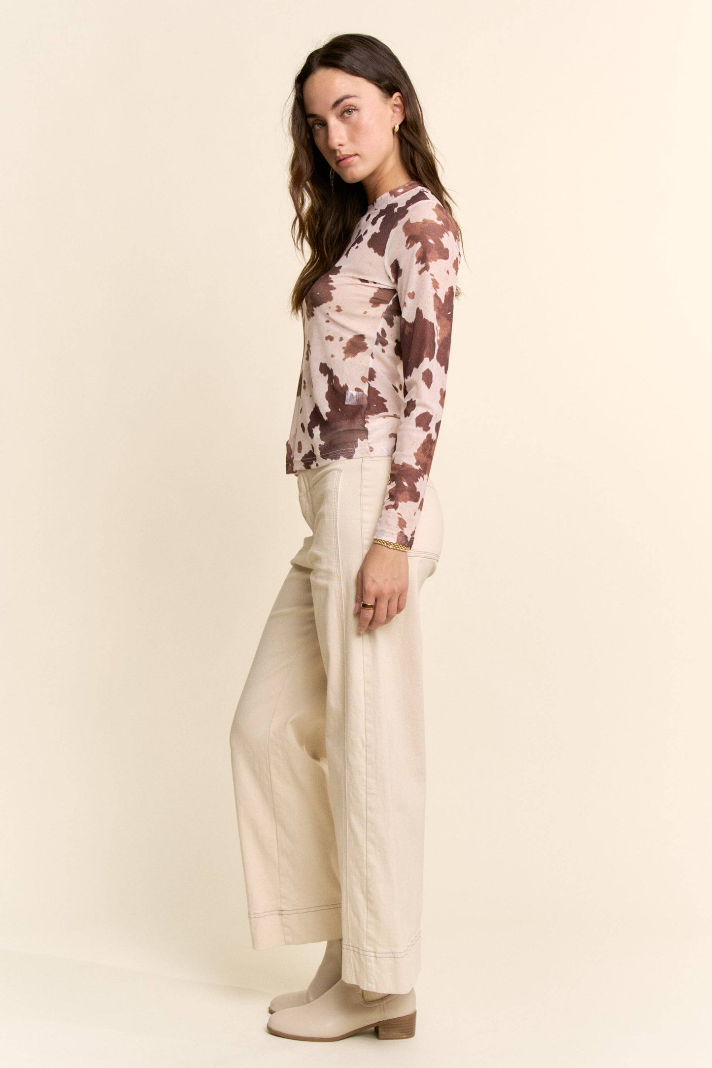 Cow Print Long Sleeve Mesh Top