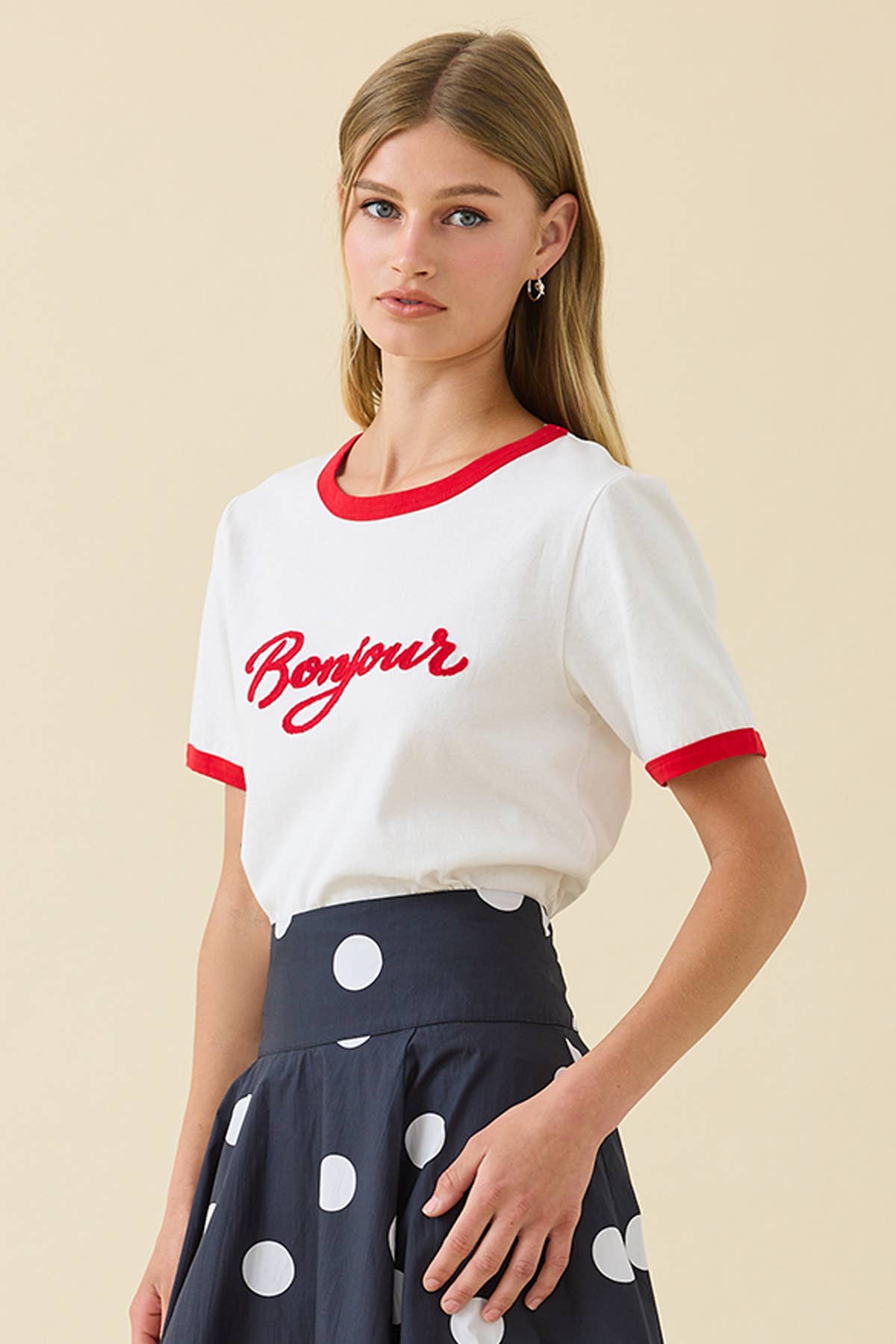 Bonjour Ringer Tee - Red - alternate product view at Vogue Villa