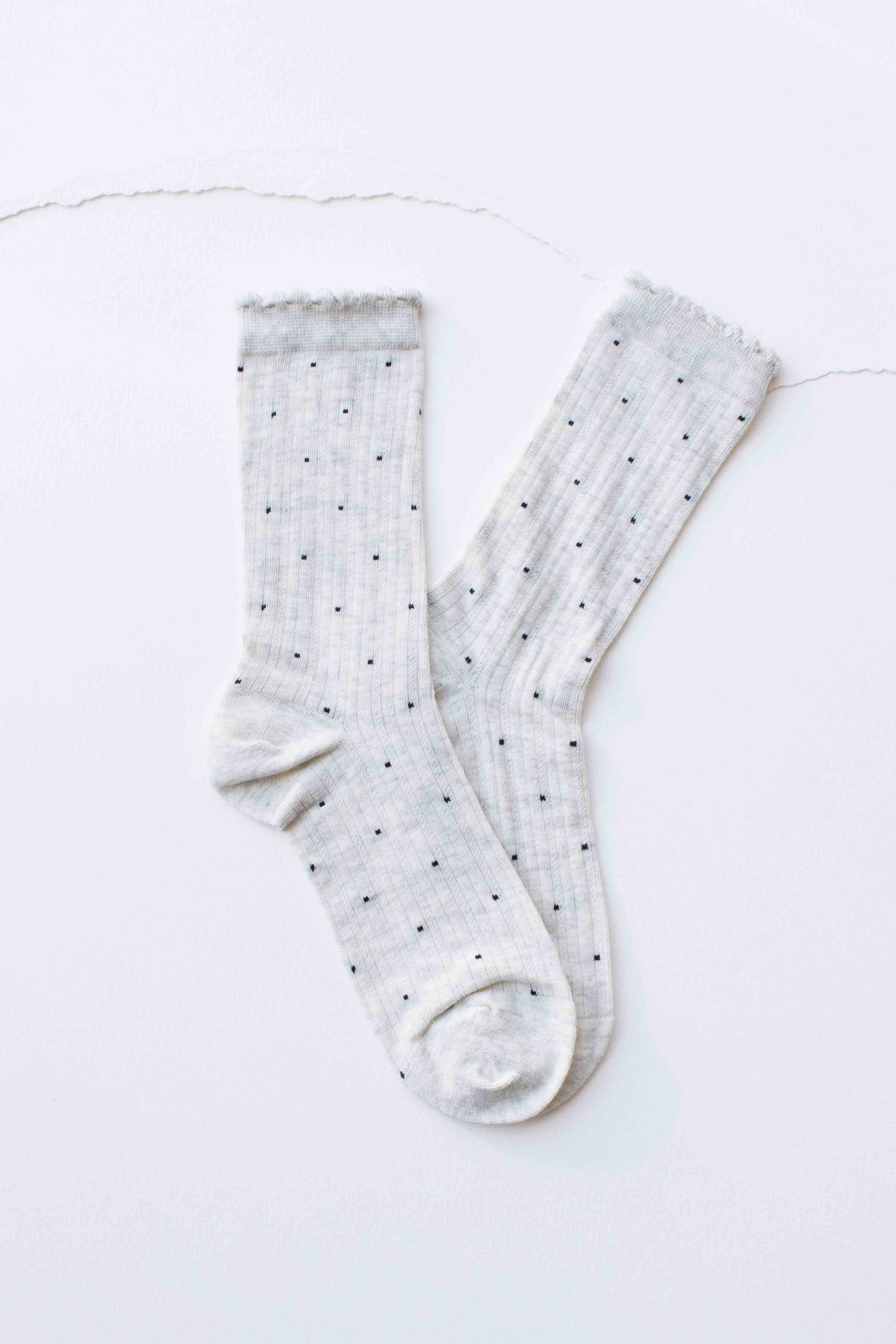 Frill Edge Ribbed Polka Dot Crew Socks - alternate product view at Vogue Villa