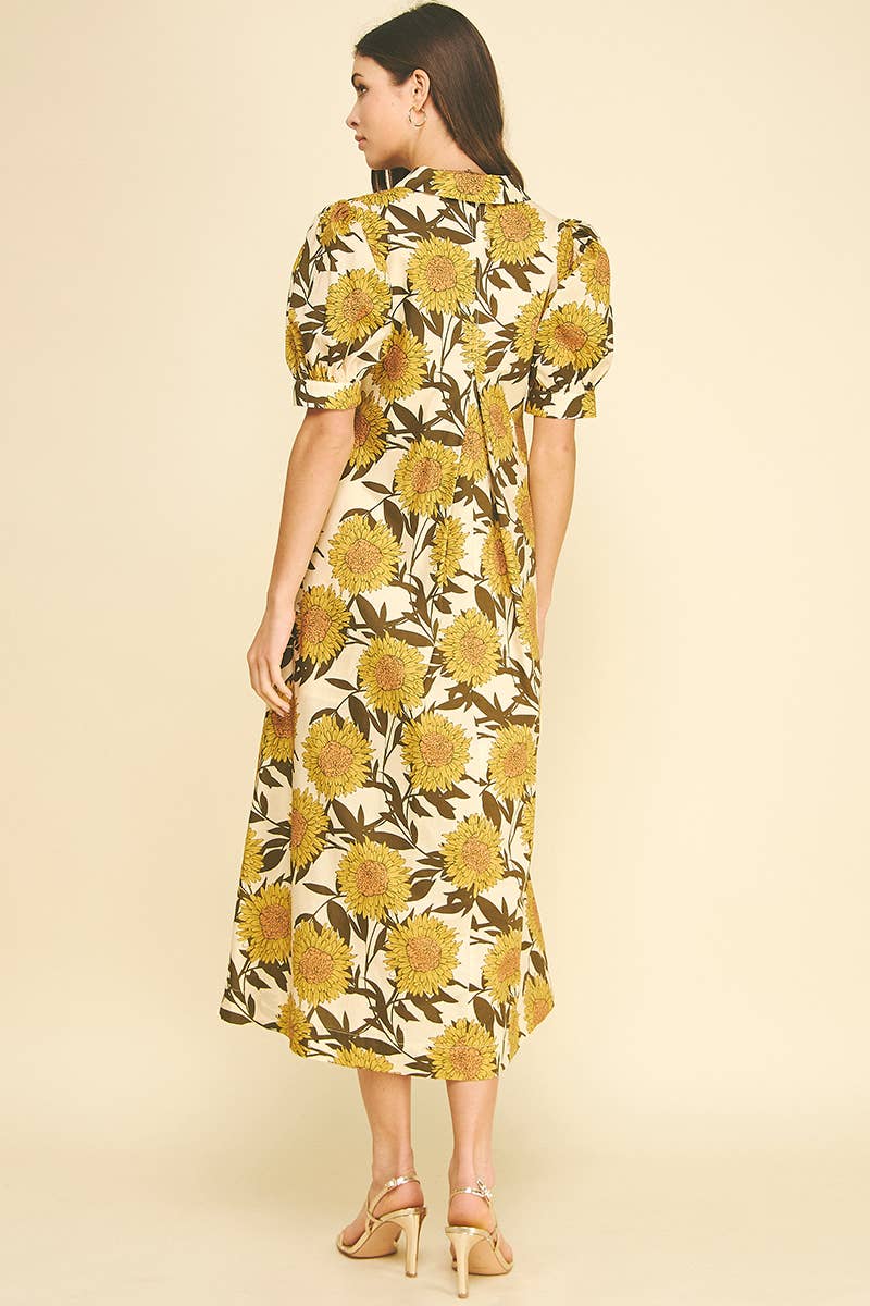 Golden Sunflower Puff Sleeve Midi Dress