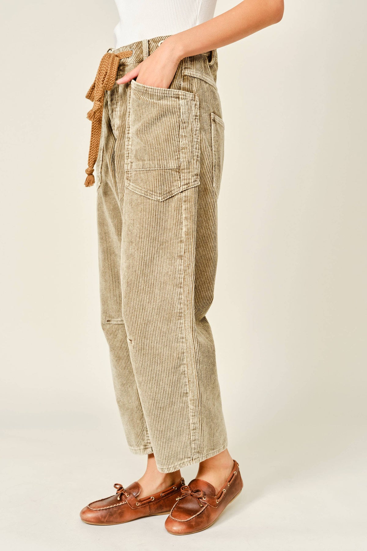 Barrel Corduroy Pants with Tie-Waist