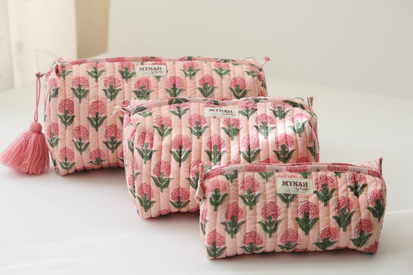 Blush Marigold hand print travel/makeup/organizer/quilted/bag-3 set