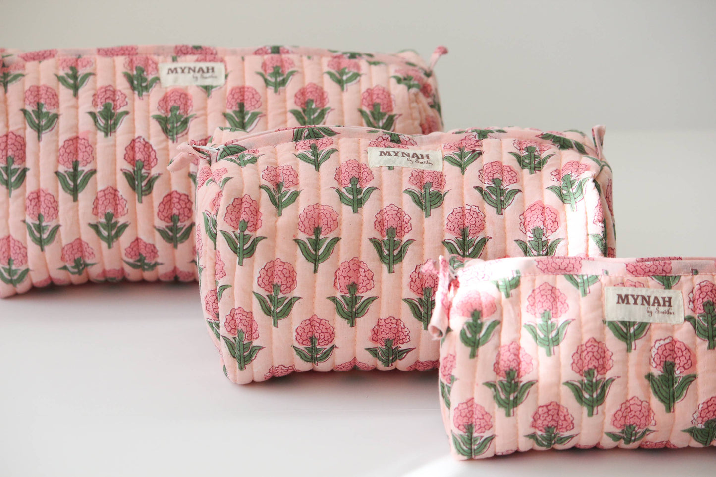 Blush Marigold hand print travel/makeup/organizer/quilted/bag-3 set