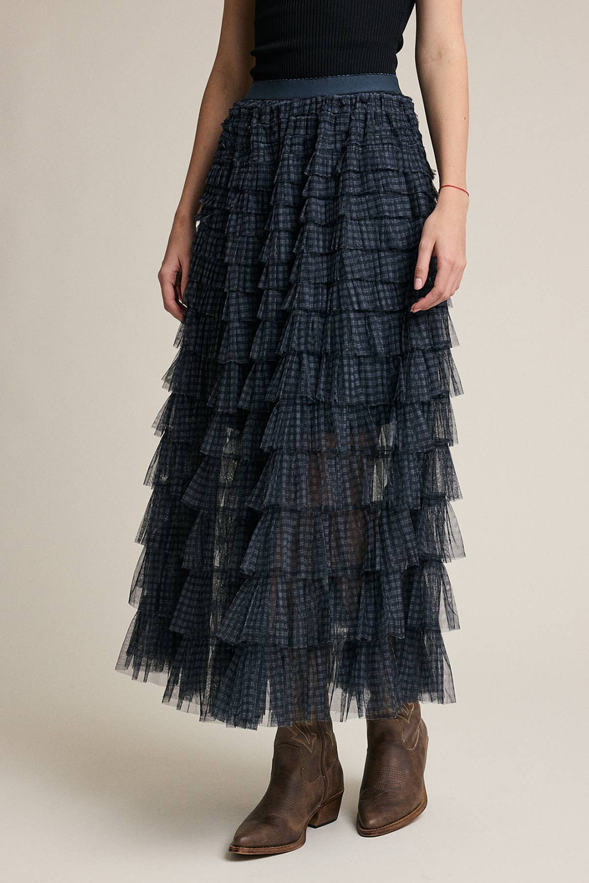 Plaid Mesh Ruffle Maxi Skirt