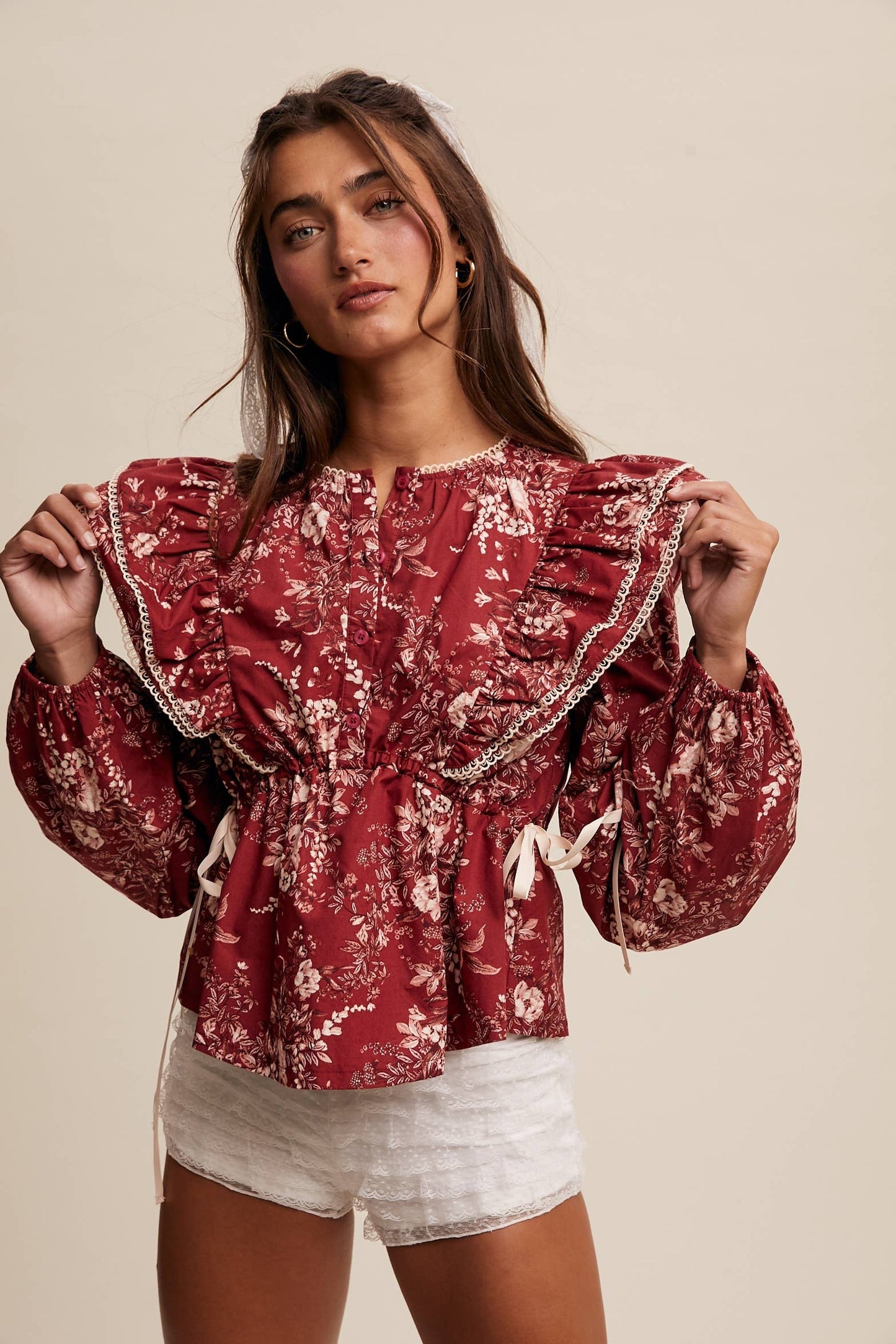 Babydoll Ruffle Floral Print Button Blouse Top