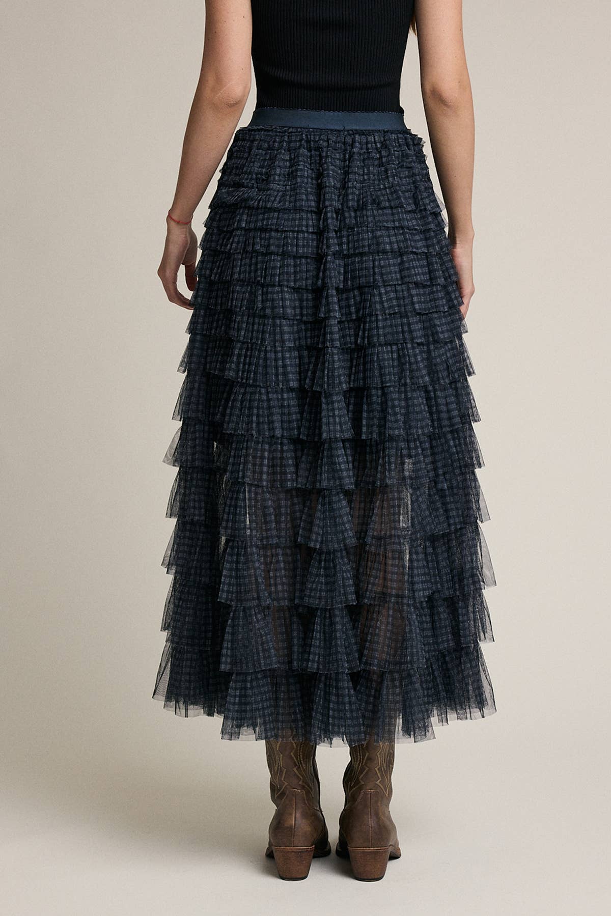 Plaid Mesh Ruffle Maxi Skirt