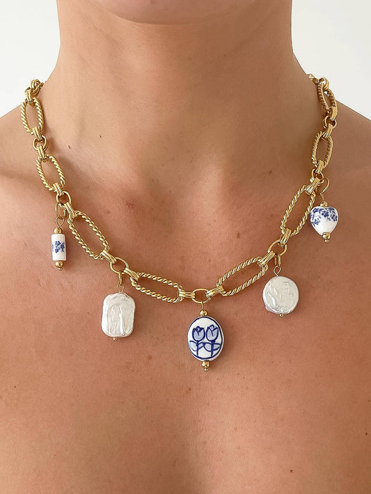 Santorini 18K Gold Non-Tarnish Ceramic Floral Chain Necklace