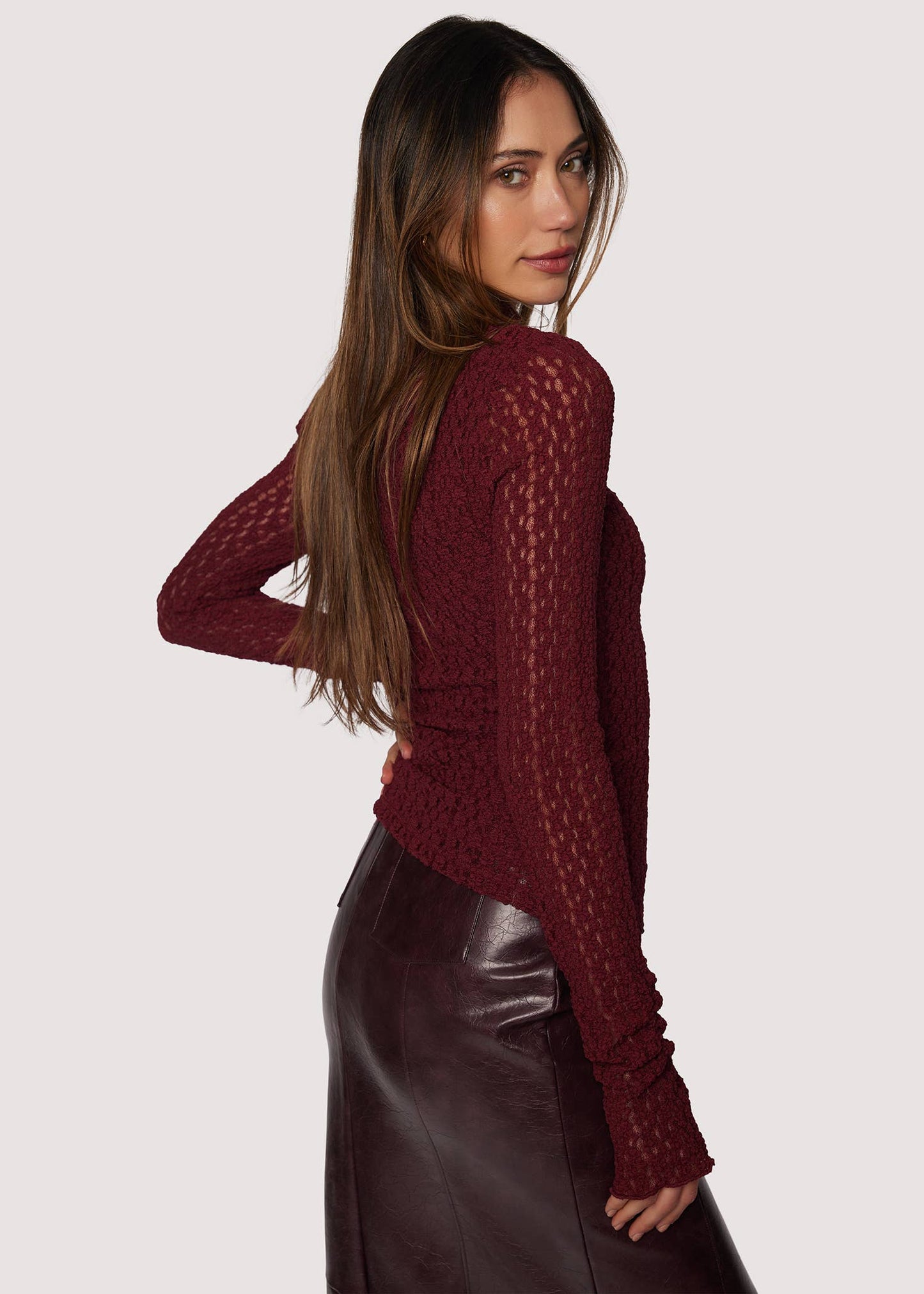 Sistine Tale Top - Fall Lace Mesh Knit Merlot