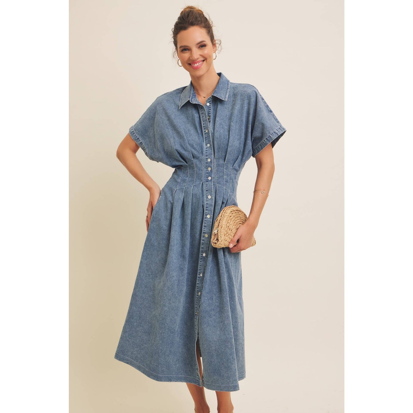 Denim Pleated Midi Dress