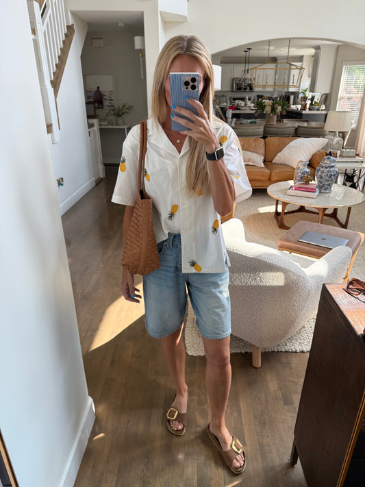 Pineapple Embroidered Button-Down Top