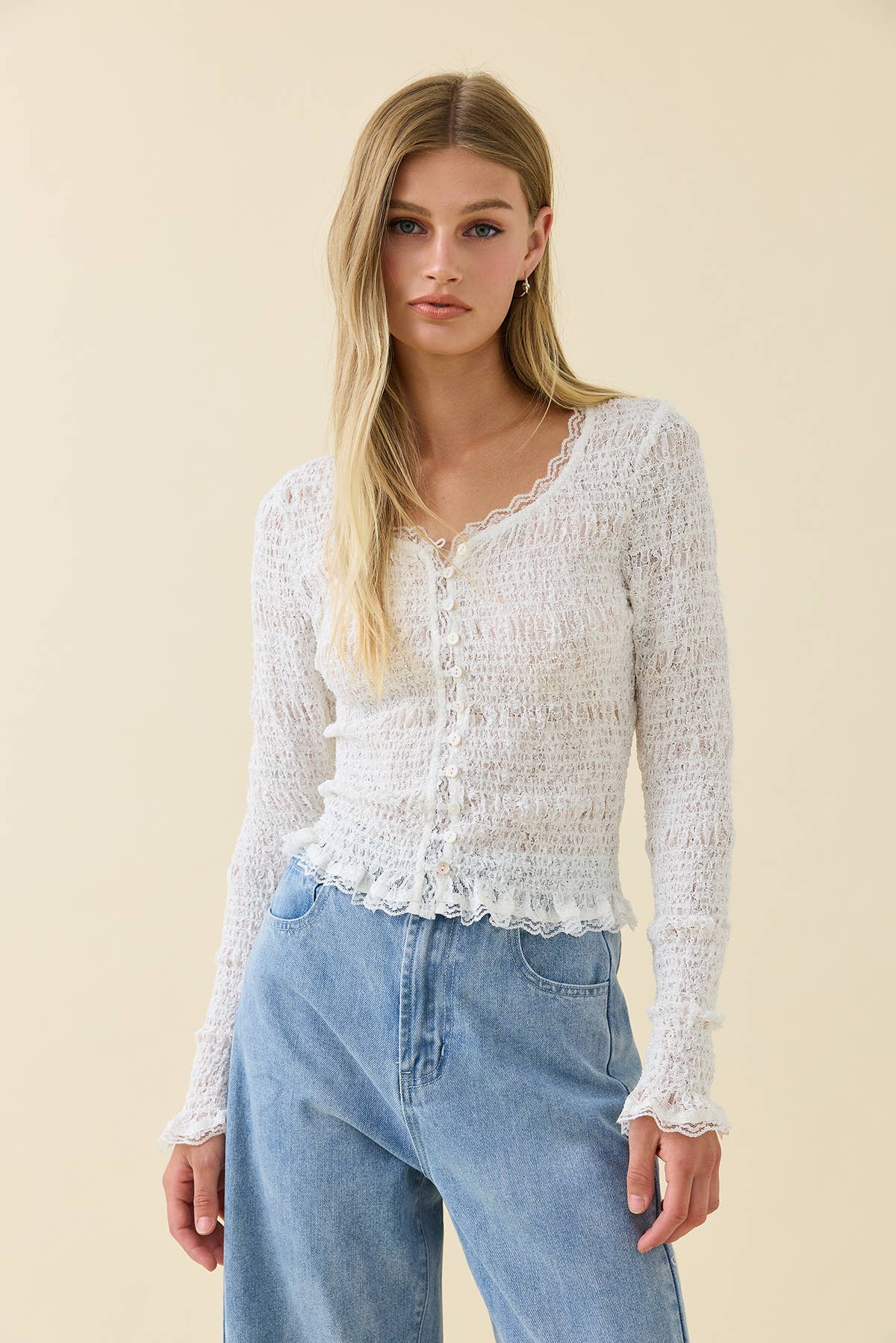 Romantic Smocked Knit Button Top