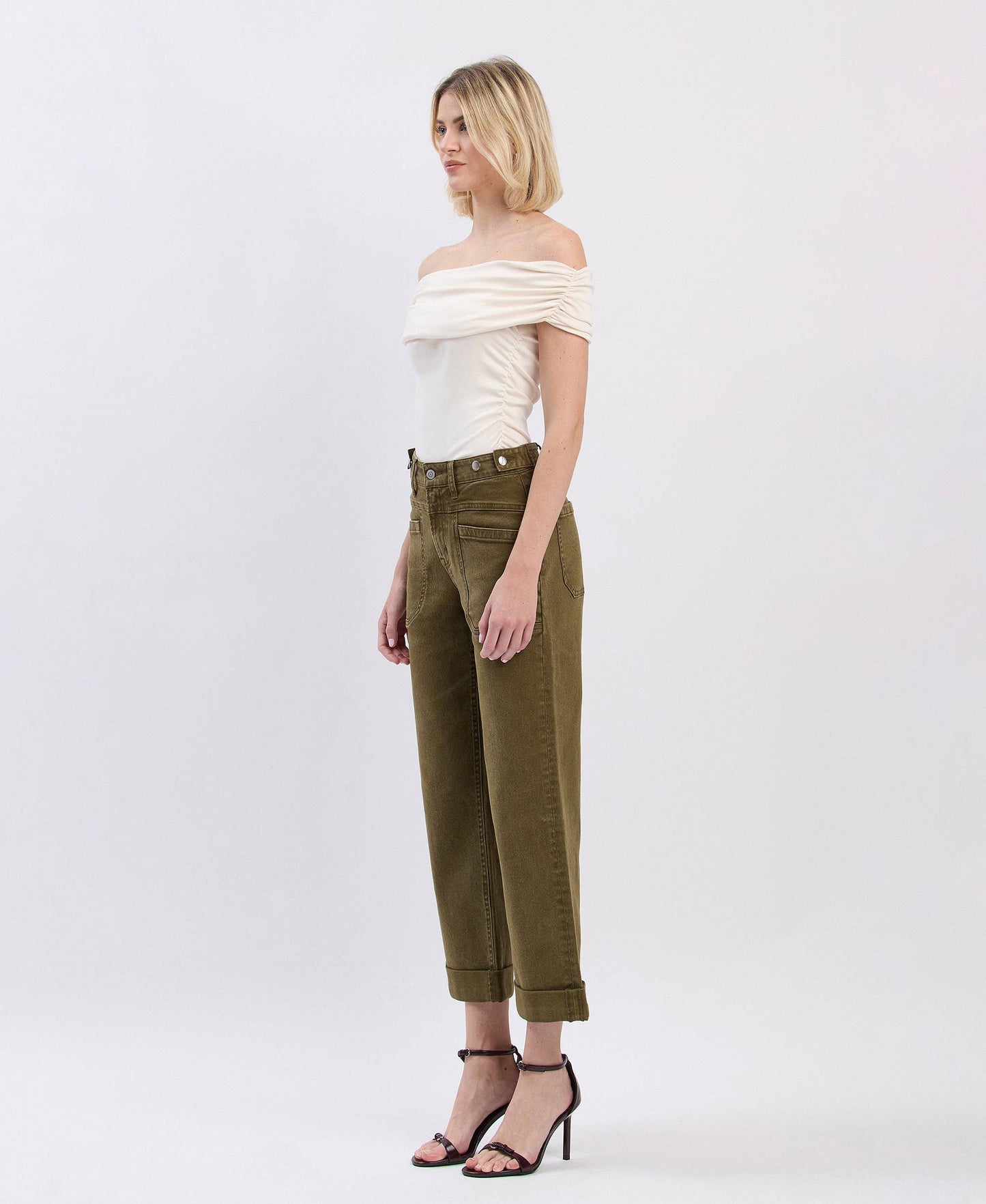 HIGH RISE TAB WAISTBAND CUFFED SLIM WIDE JEAN