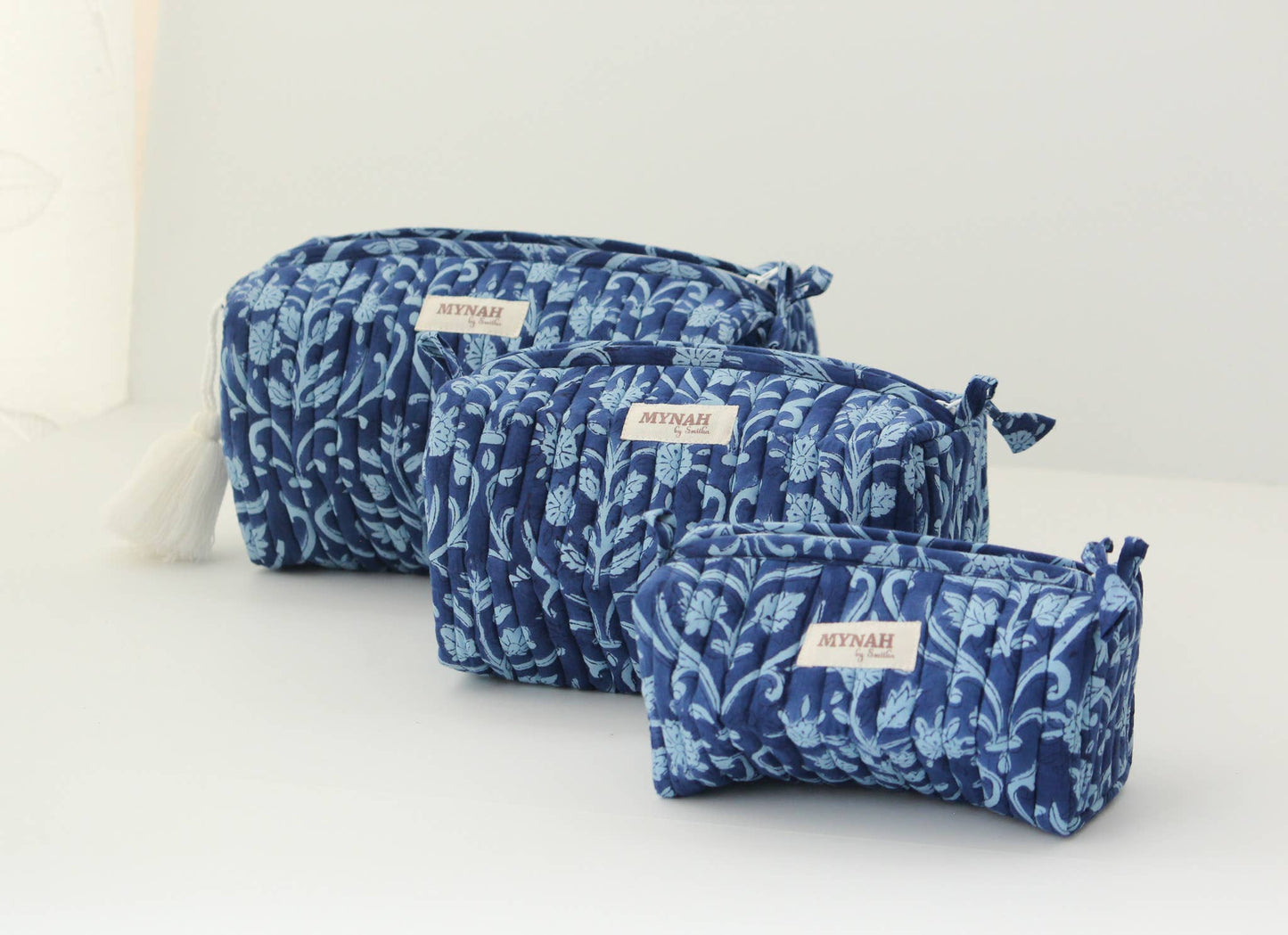 Quilted block print floral travel cosmetic bag-Set of 3