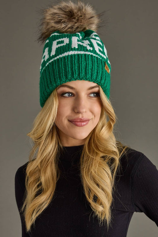 Green & White Apres Pom Hat