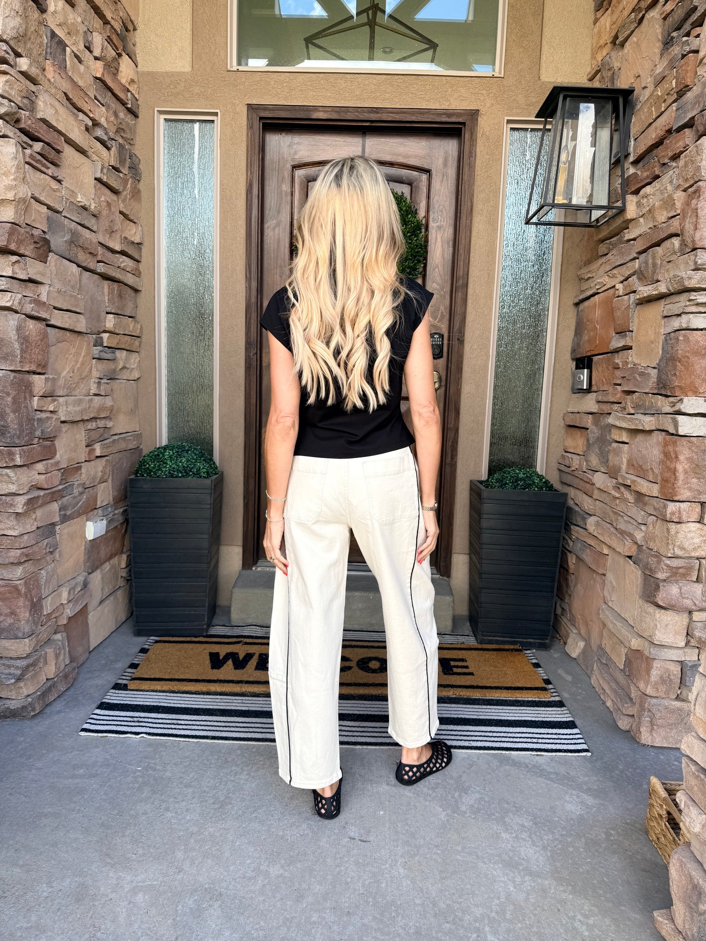 Remi Contrast Seam Barrel Jeans - alternate product view at Vogue Villa
