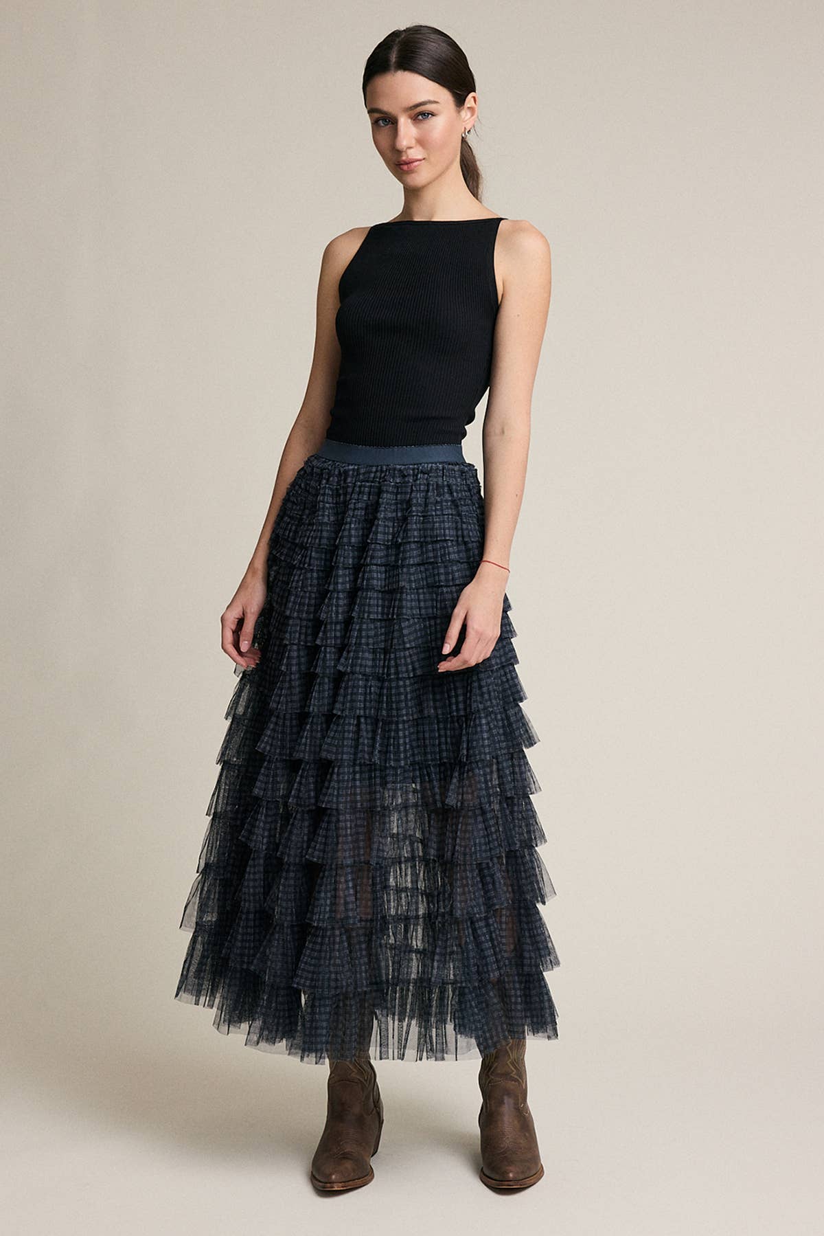 Plaid Mesh Ruffle Maxi Skirt