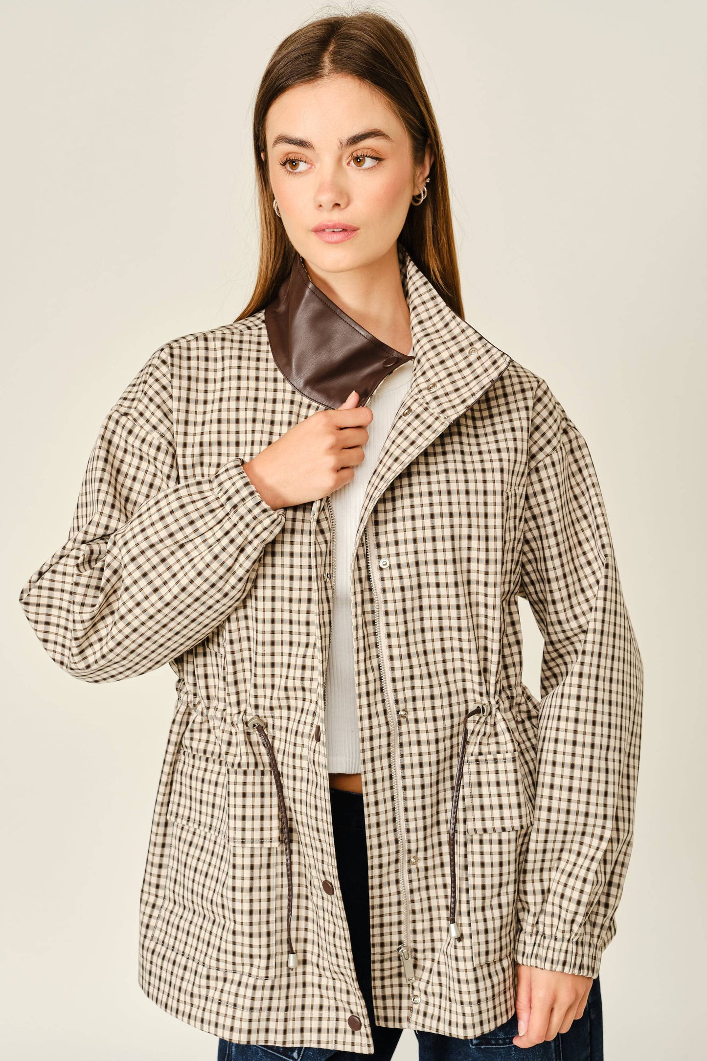 Plaid Faux Leather Funnel Neck Jacket