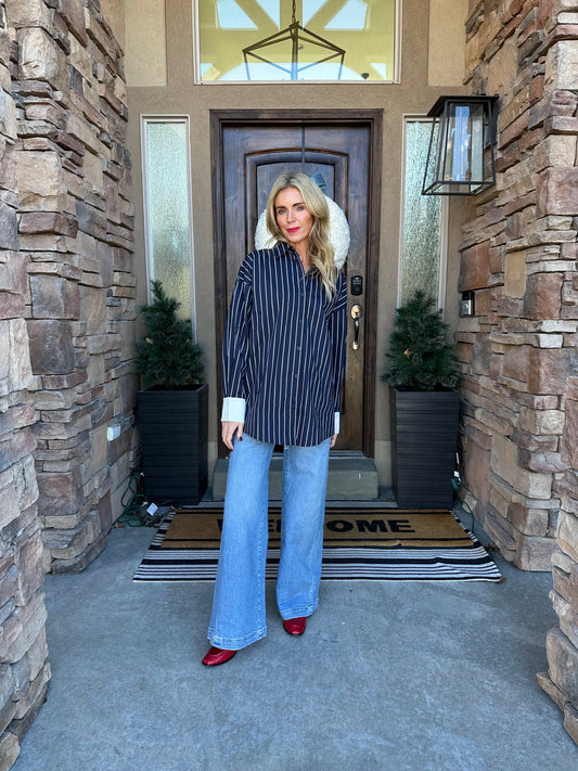 Navy Blue Striped High-Collar Shirt in soft poplin