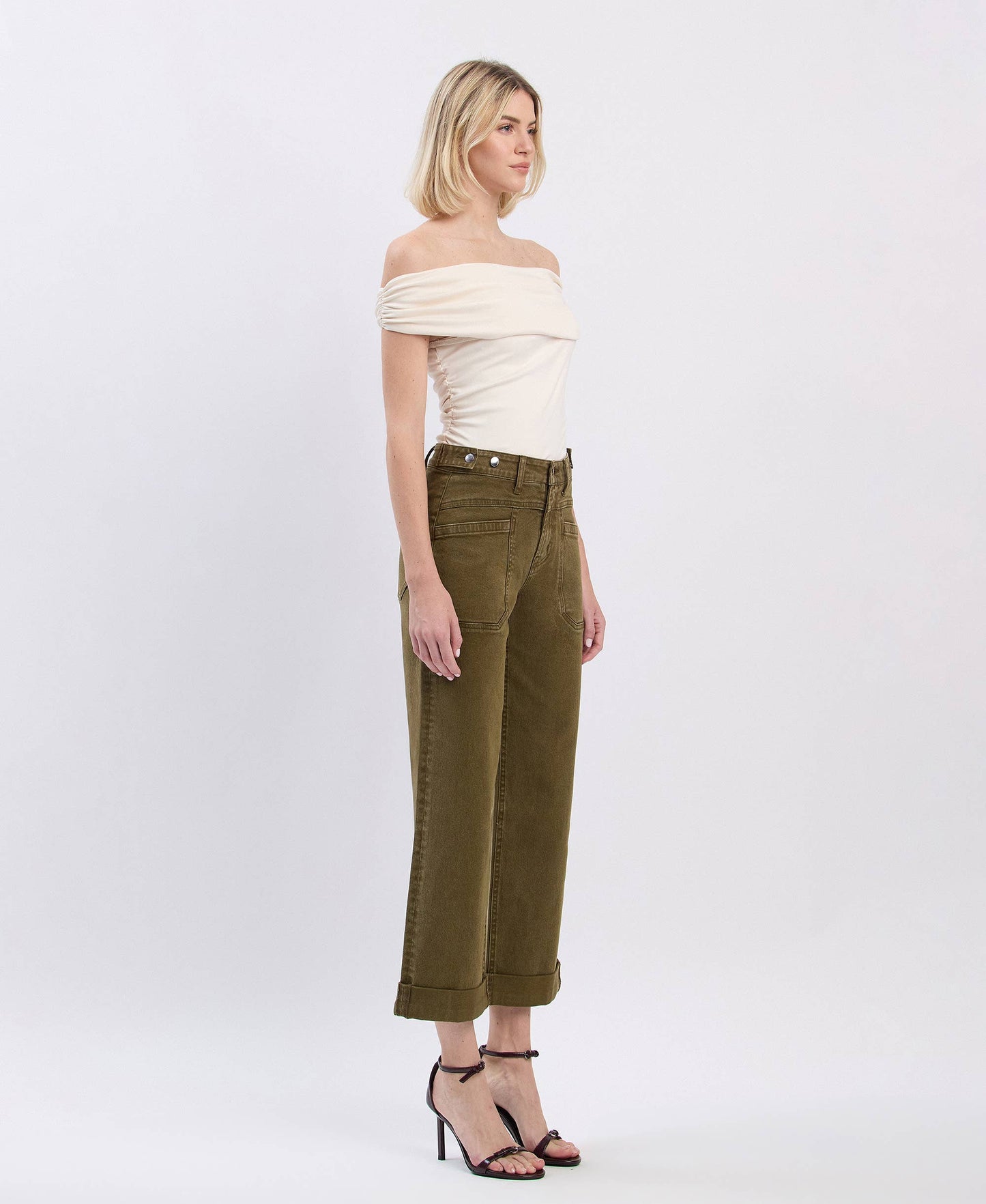 HIGH RISE TAB WAISTBAND CUFFED SLIM WIDE JEAN
