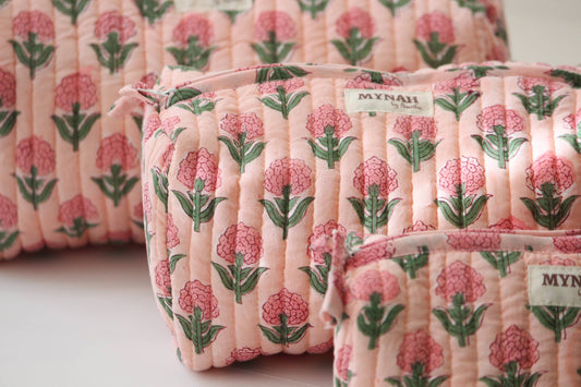 Blush Marigold hand print travel/makeup/organizer/quilted/bag-3 set