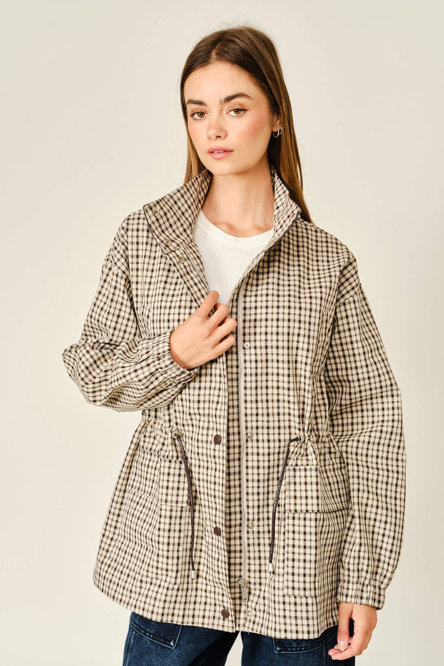 Plaid Faux Leather Funnel Neck Jacket