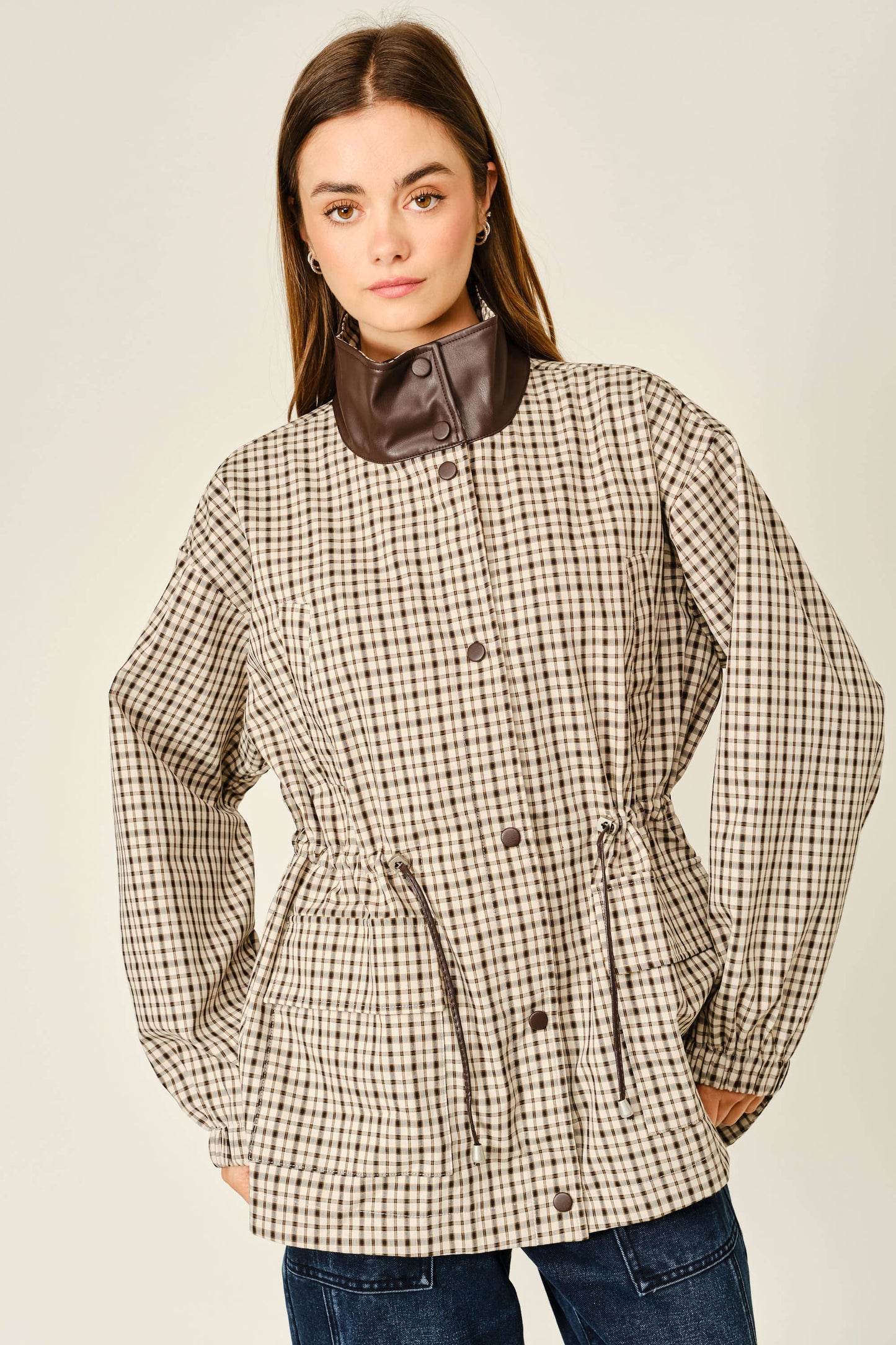 Plaid Faux Leather Funnel Neck Jacket