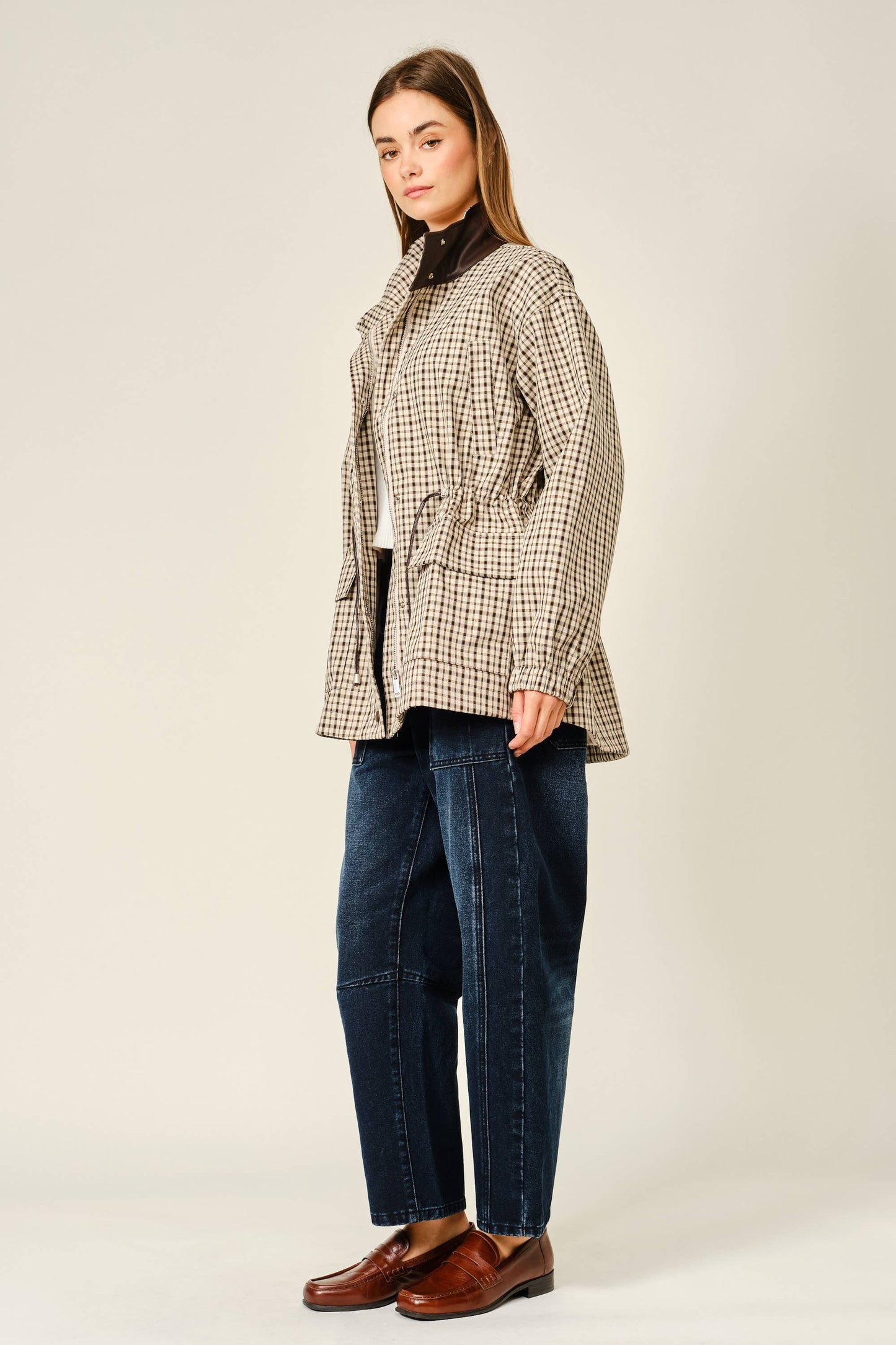 Plaid Faux Leather Funnel Neck Jacket