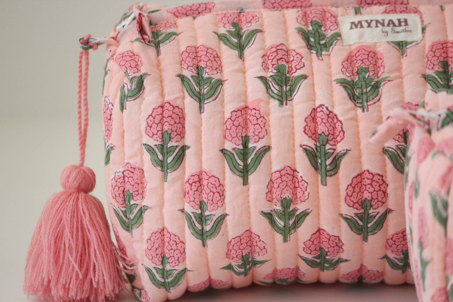 Blush Marigold hand print travel/makeup/organizer/quilted/bag-3 set