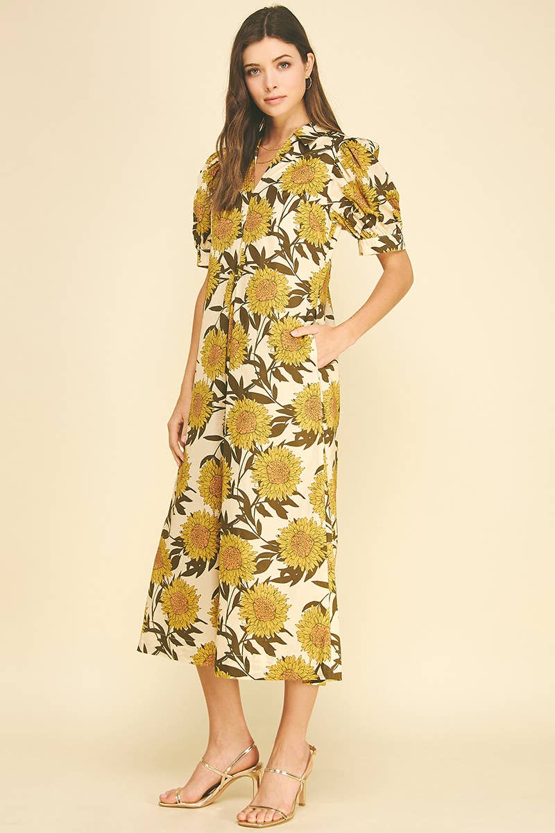 Golden Sunflower Puff Sleeve Midi Dress
