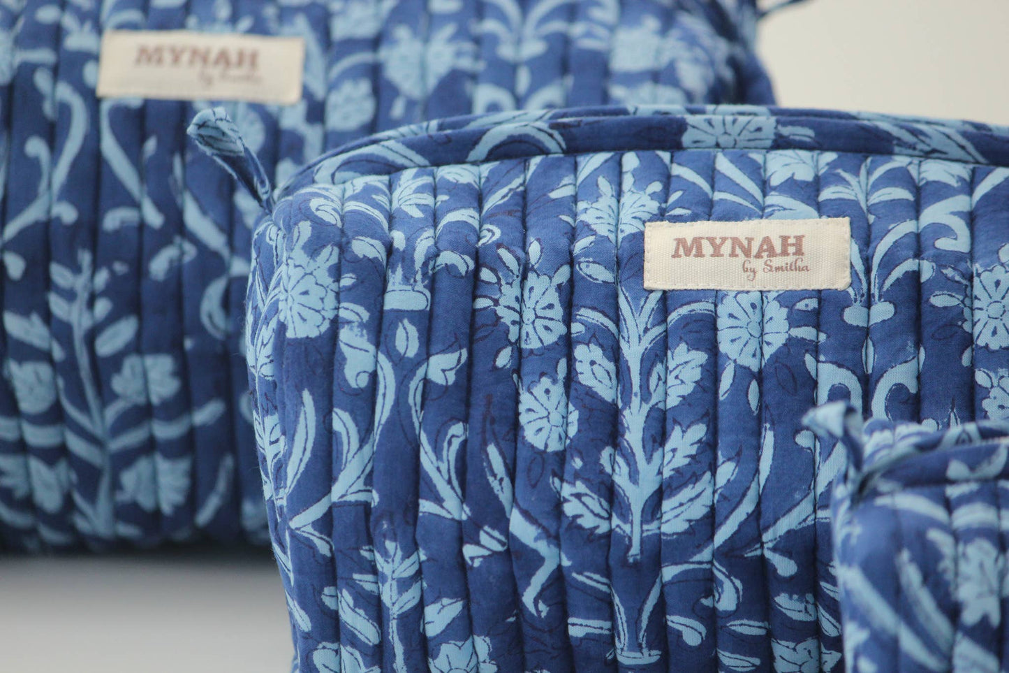 Quilted block print floral travel cosmetic bag-Set of 3