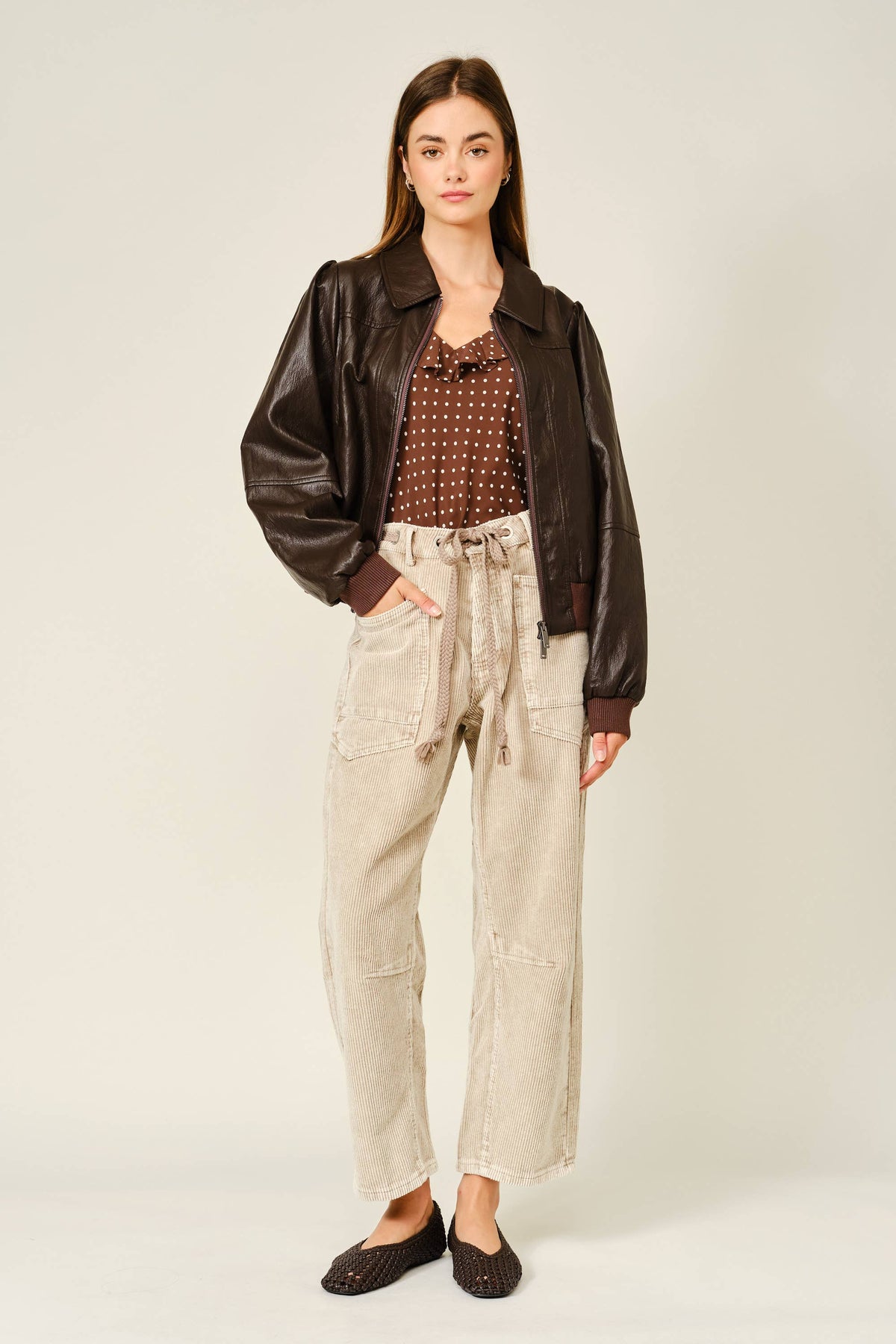 Barrel Corduroy Pants with Tie-Waist