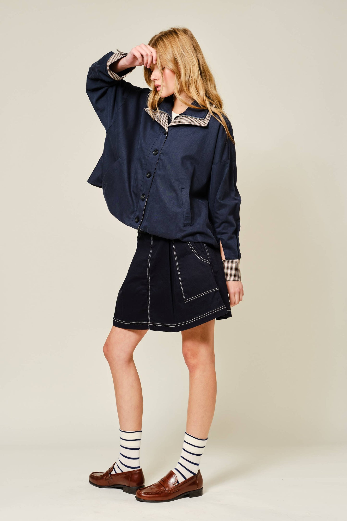Oversized Bomber Jacket with Plaid Detail