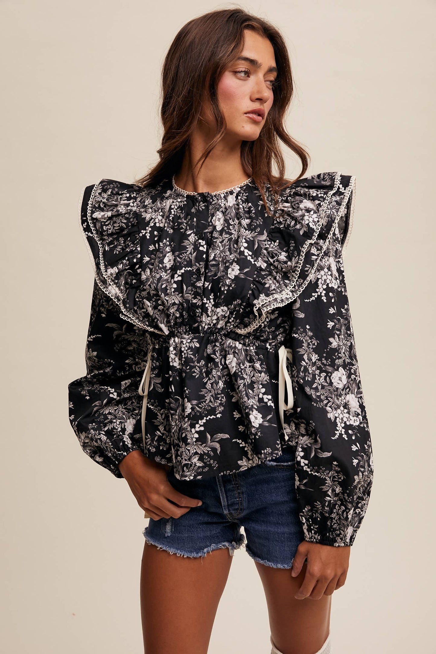 Babydoll Ruffle Floral Print Button Blouse Top