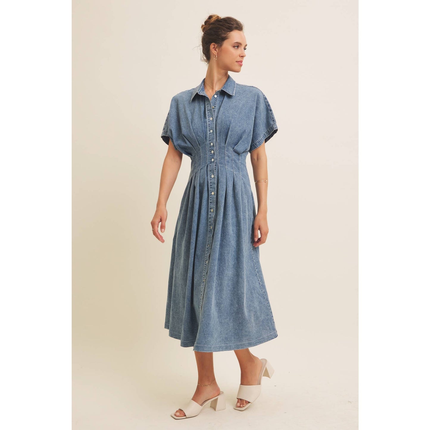 Denim Pleated Midi Dress